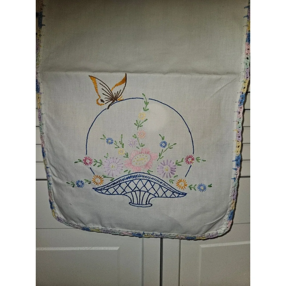 Vintage Hand Embroidered Linen Table Runner Floral Basket Butterfly Crochet Trim
